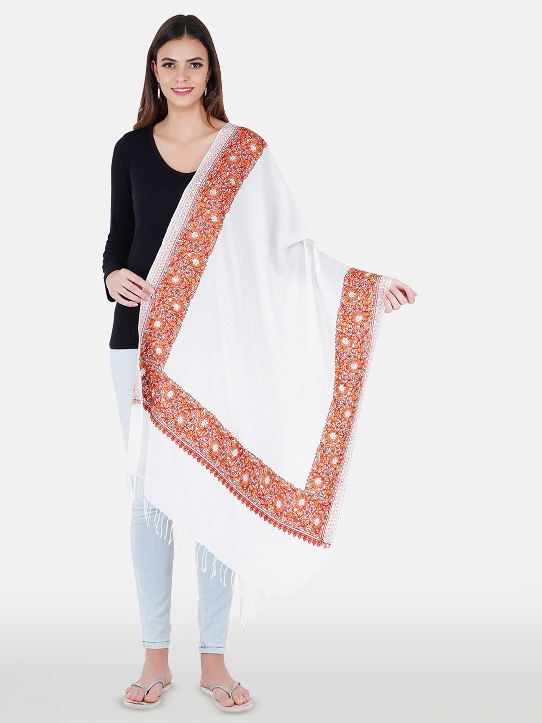

MUFFLY Women Floral Embroidered Shawl, White