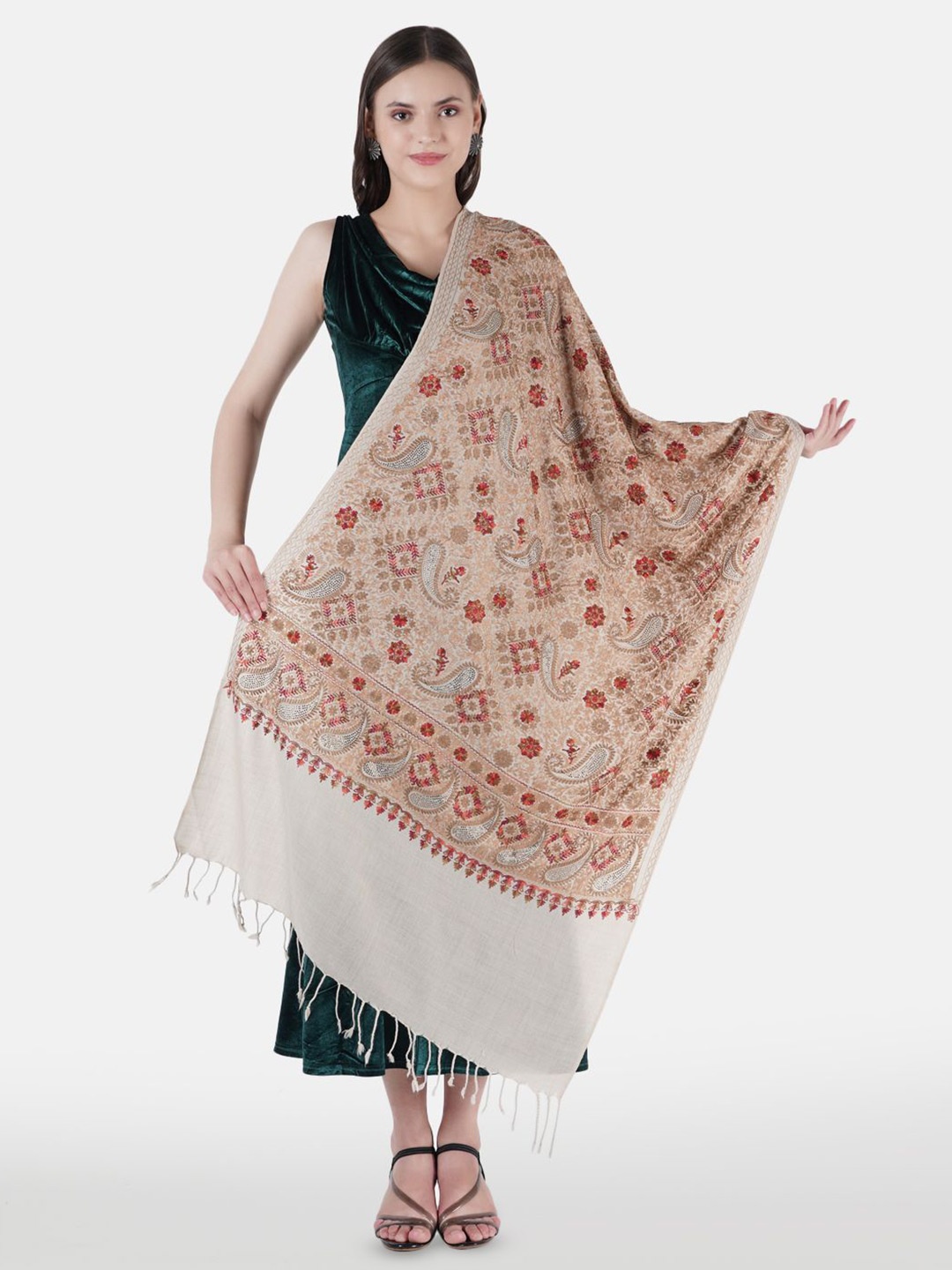 

MUFFLY Women Floral Embroidered Shawl With Tasselled Border, Cream