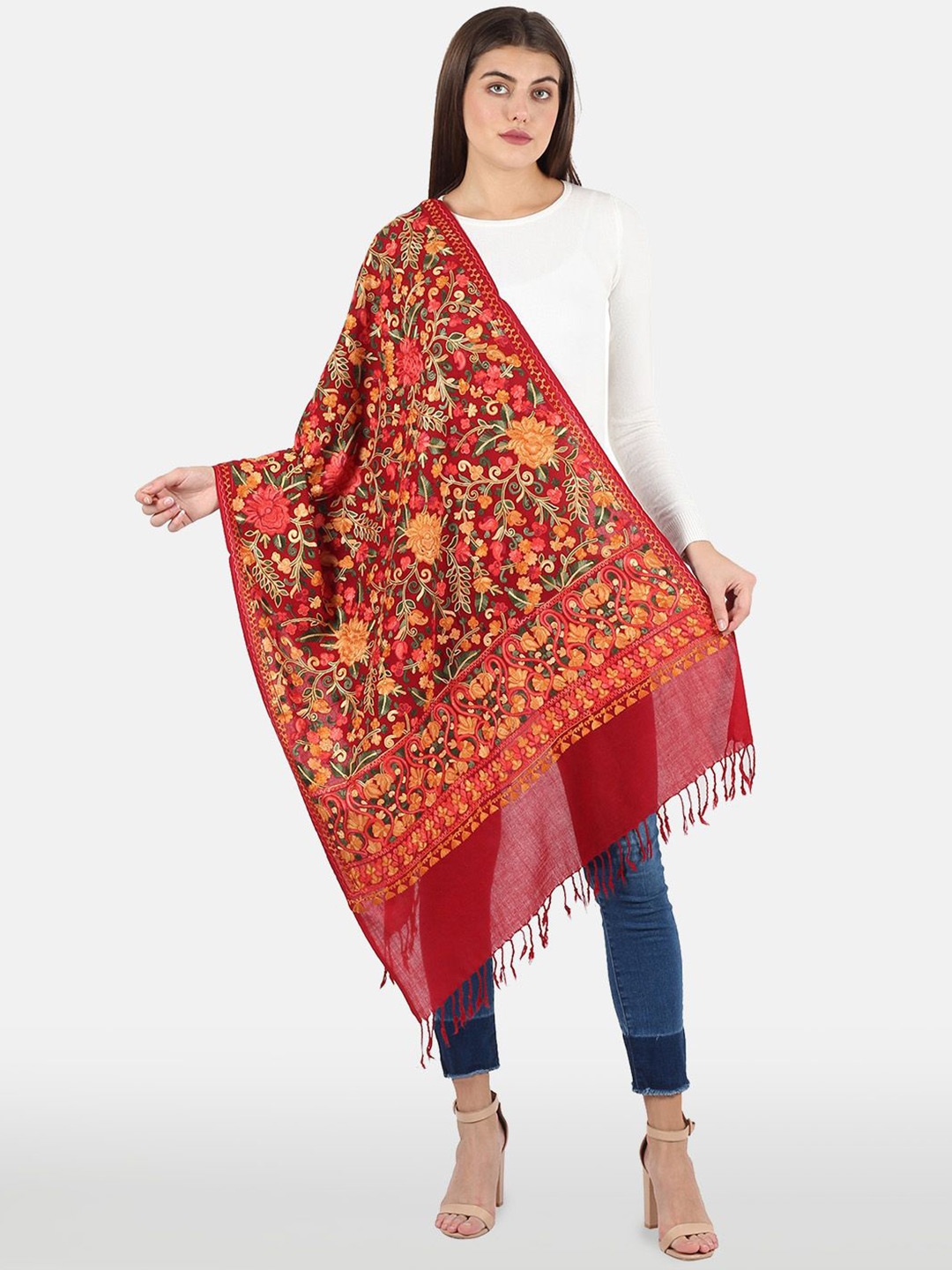 

MUFFLY Women Floral Embroidered Pashmina Shawl, Maroon