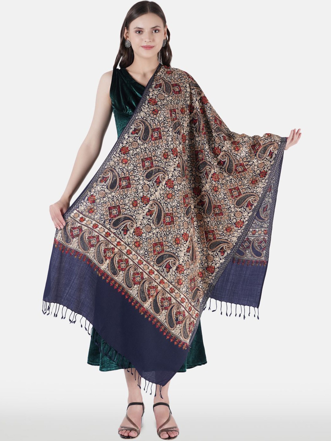 MUFFLY Women Floral Embroidered Shawl, Navy blue