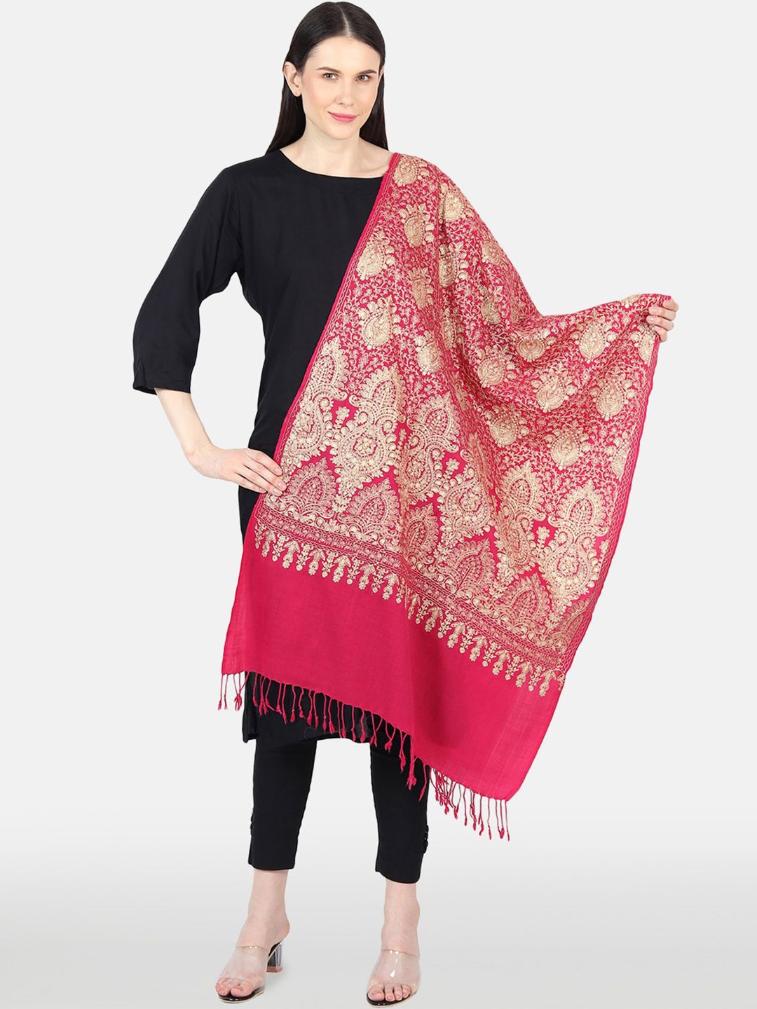 

MUFFLY Women Ethnic Motifs Embroidered Shawl, Pink