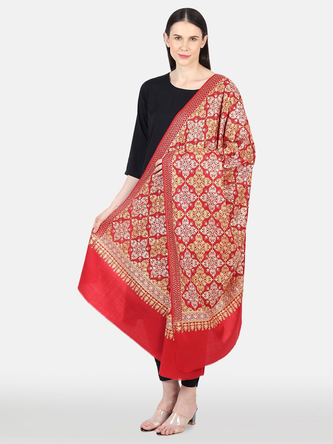 

MUFFLY Nalki Design Embroidered Needle Work Shawl, Maroon