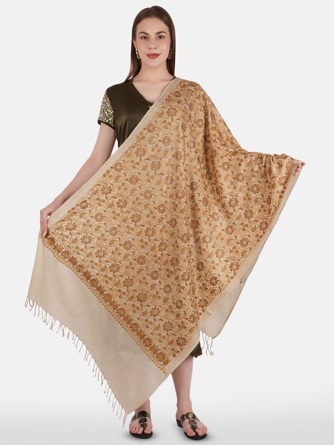 

MUFFLY Embroidered Pashmina Woolen Shawl, Beige