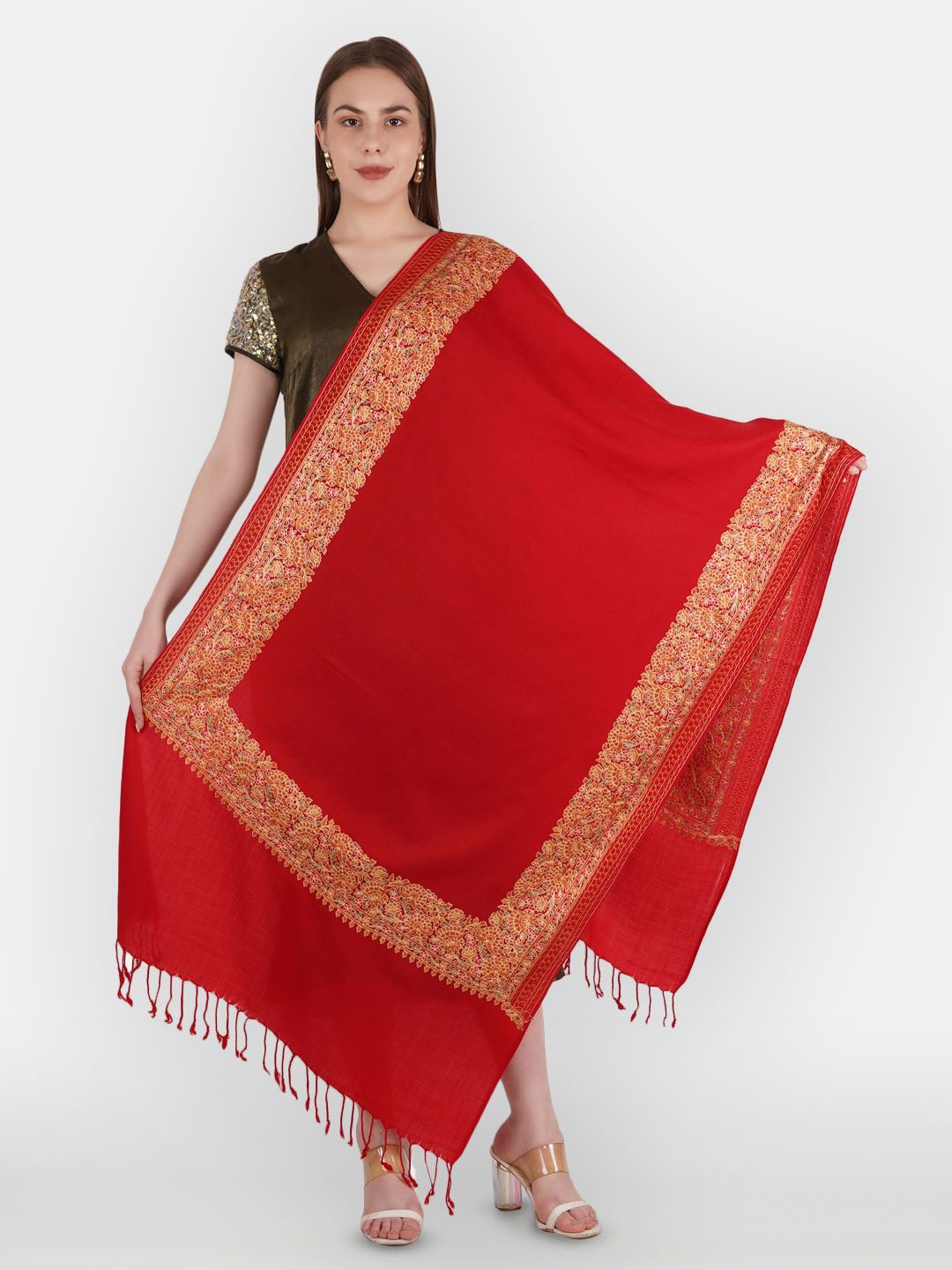 

MUFFLY Women Embroidered Pashmina Woolen Shawl With Tasselled Border, Maroon