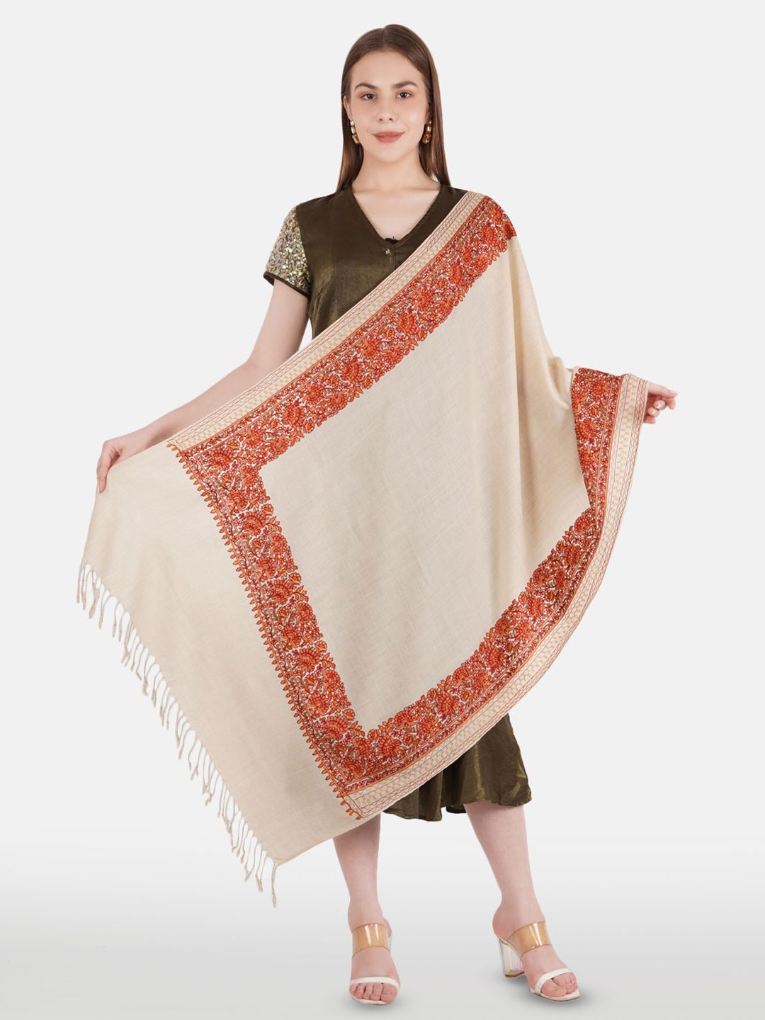 

MUFFLY Embroidered Work Zari Shawl, Off white