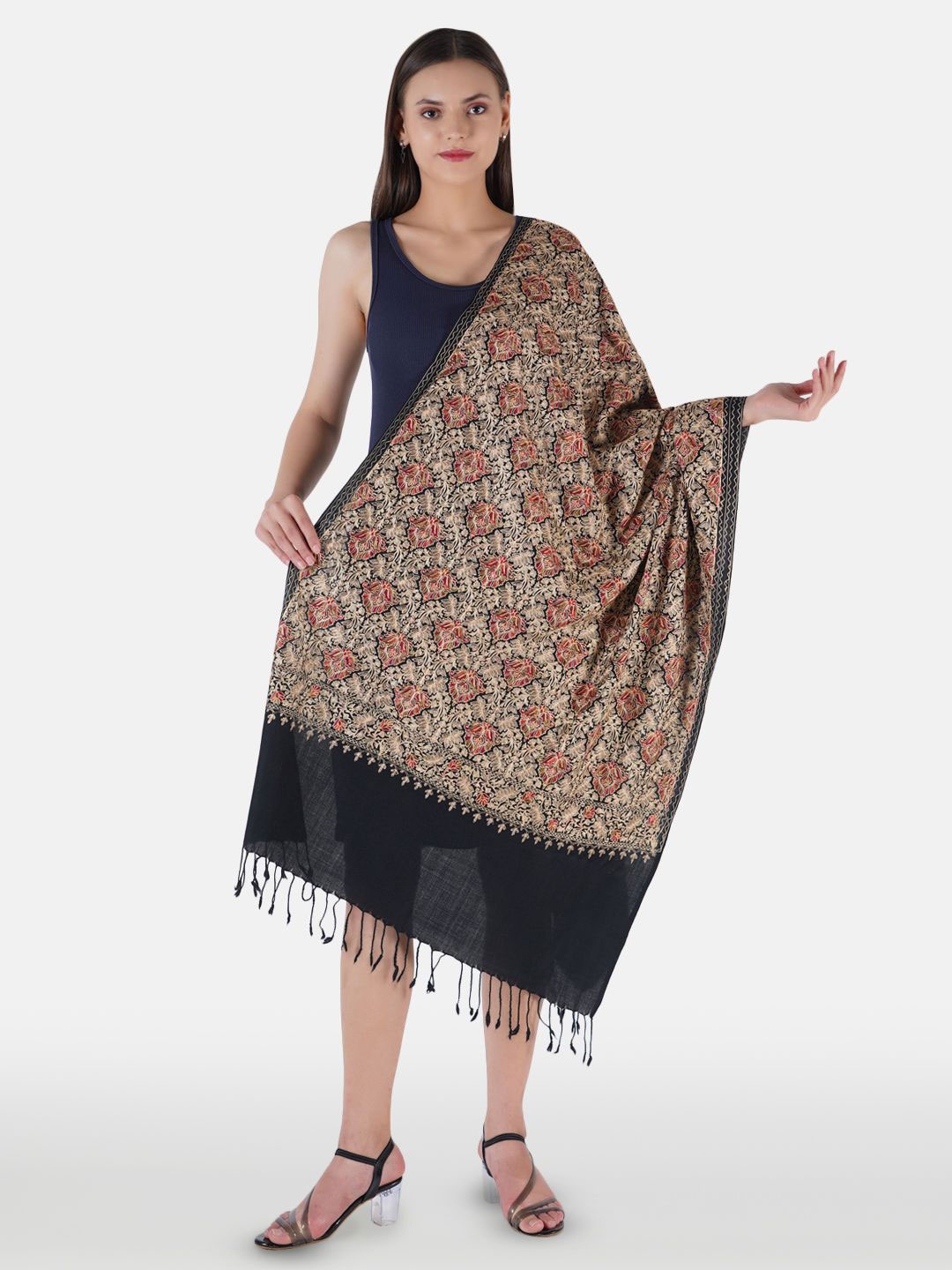 

MUFFLY Embroidered Pashmina Woolen Shawl, Black