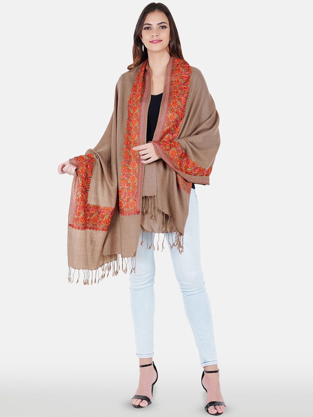 

MUFFLY Embroidered Pashmina Woolen Shawl, Brown