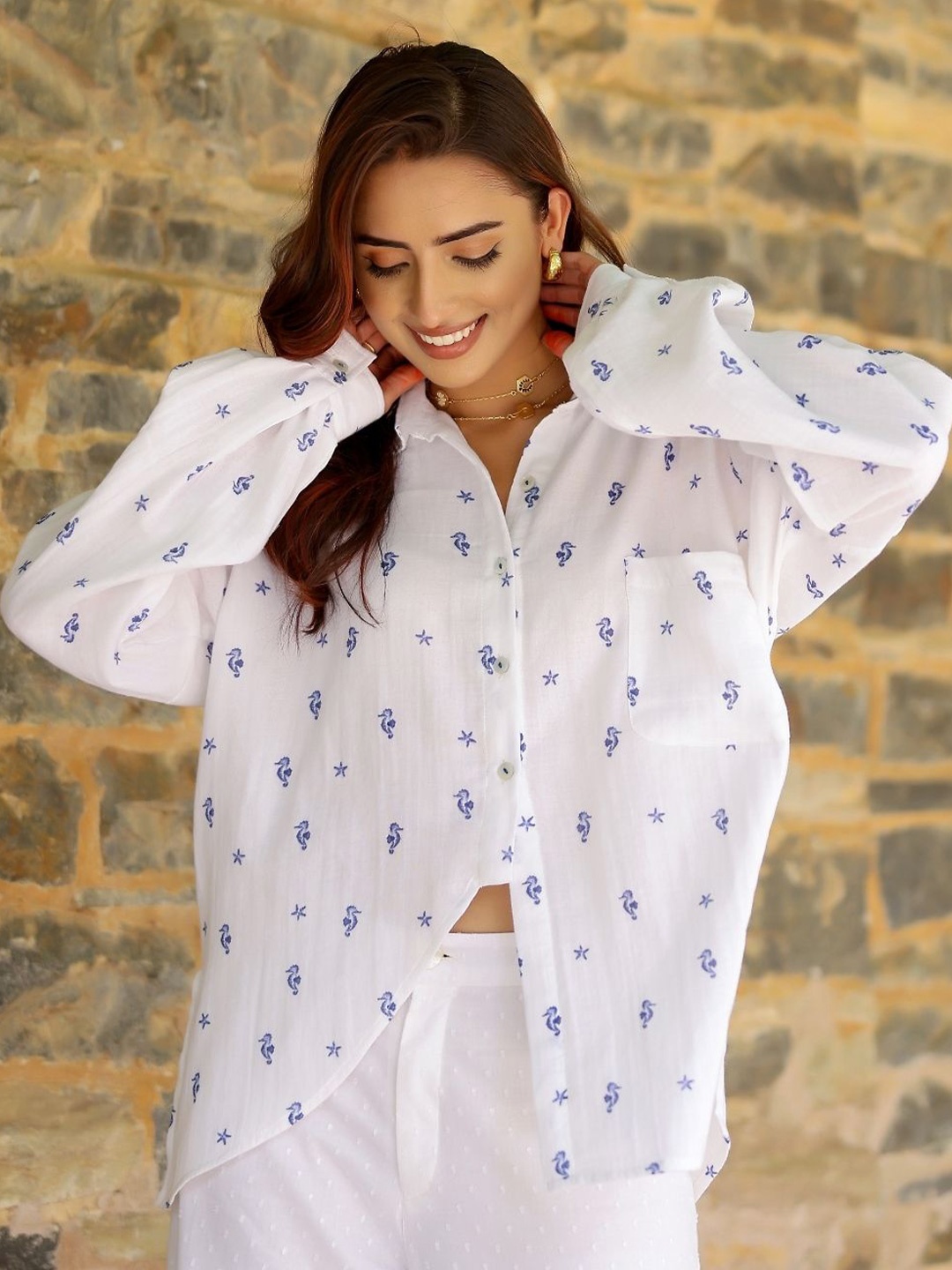 

Gulaal Women Comfort Relaxed Fit Spread Collar Conversational Printed Cotton Casual Shirt, White