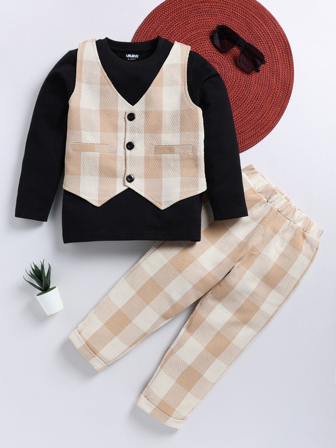 

MIMINO Infants 3 Piece Checked Party Suit, Beige