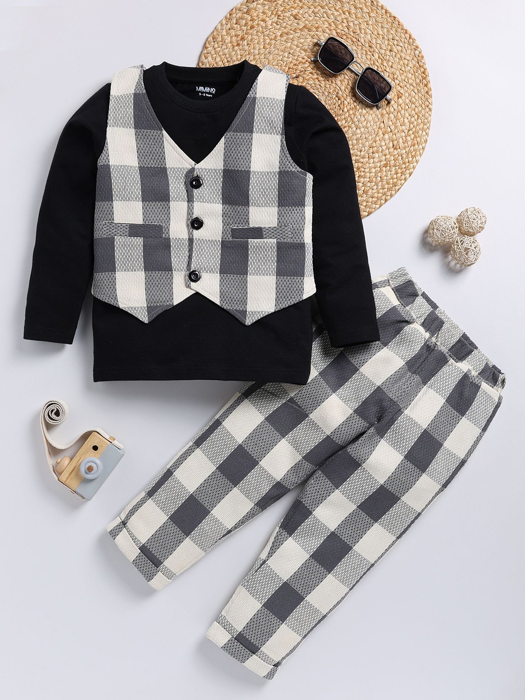 

MIMINO Infants 3 Piece Checked Party Suit, Black