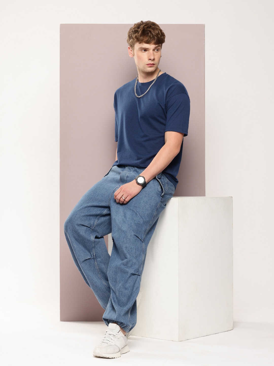 

Kook N Keech Self Designed Drop-Shoulder Sleeves Oversized T-shirt, Navy blue