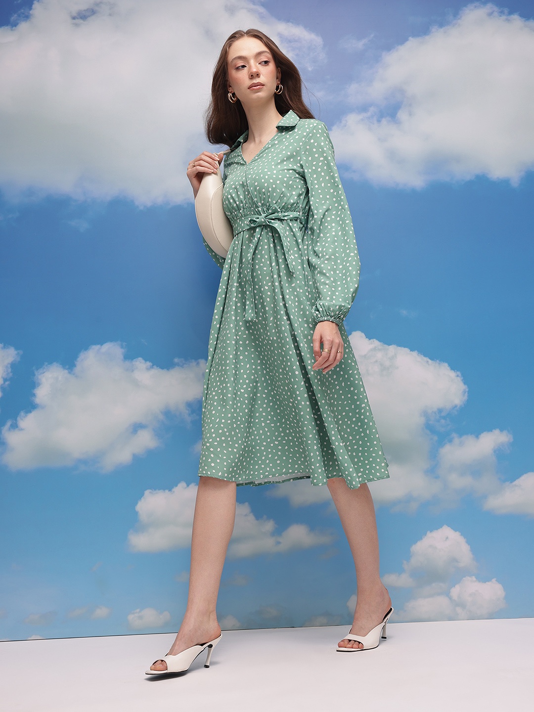 

CORSICA Printed Shirt Collar A-Line Dress, Green