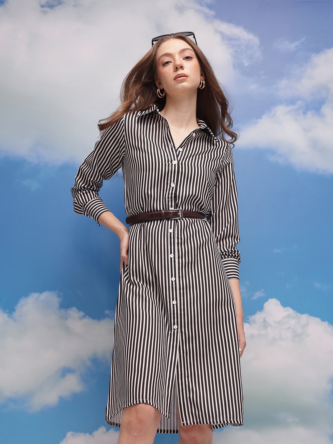 

CORSICA Striped Front Slit Shirt Style Dress, Black