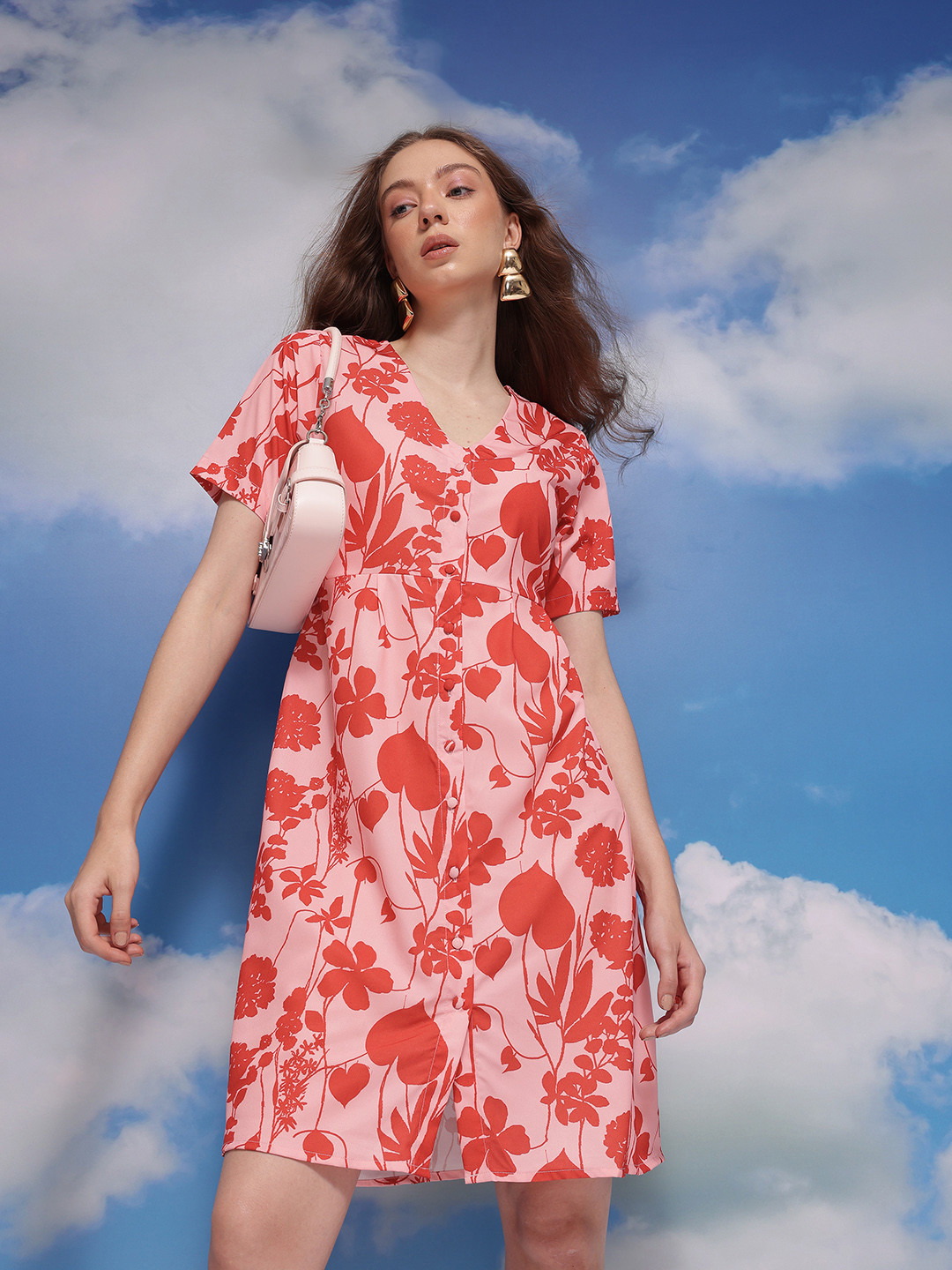 

CORSICA Floral Print Buttoned A-Line Dress, Pink