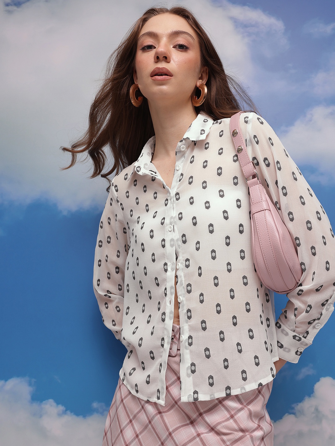 

CORSICA Semi Sheer Printed Casual Shirt, White