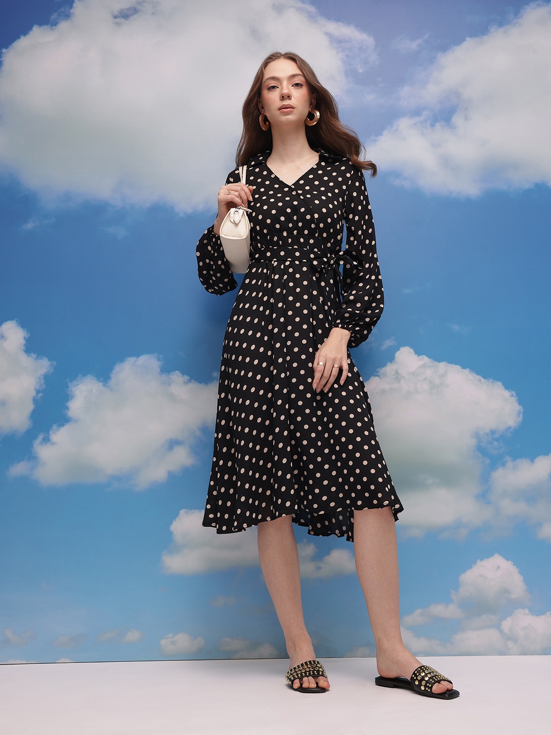 CORSICA Polka Dot Printed Wrap Dress, Black