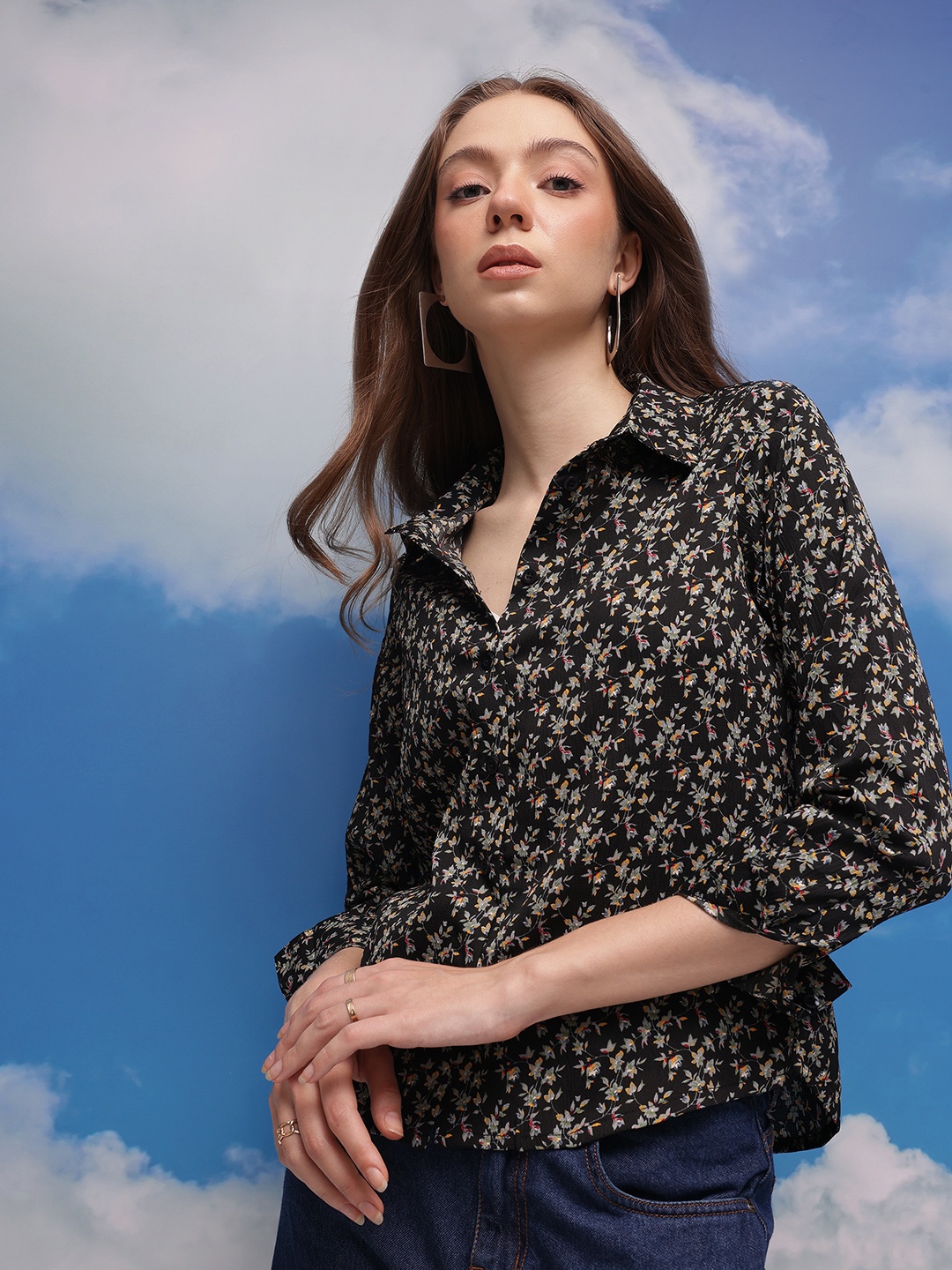 

CORSICA Women Floral Printed Casual Shirt, Black