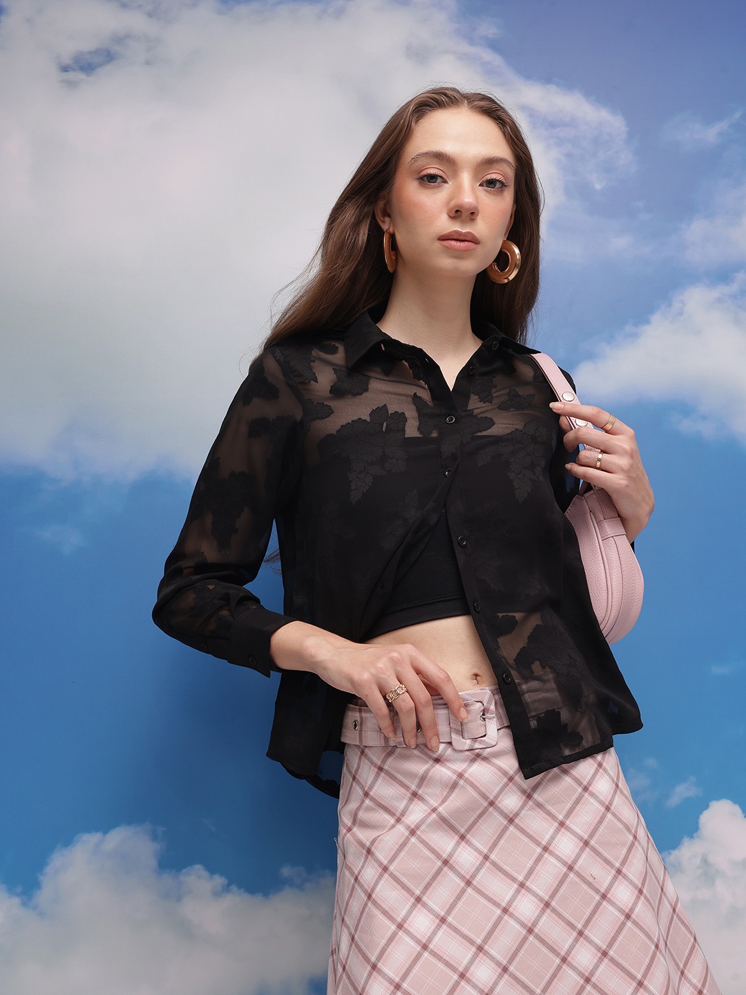 

CORSICA Women Floral Semi Sheer Casual Shirt, Black