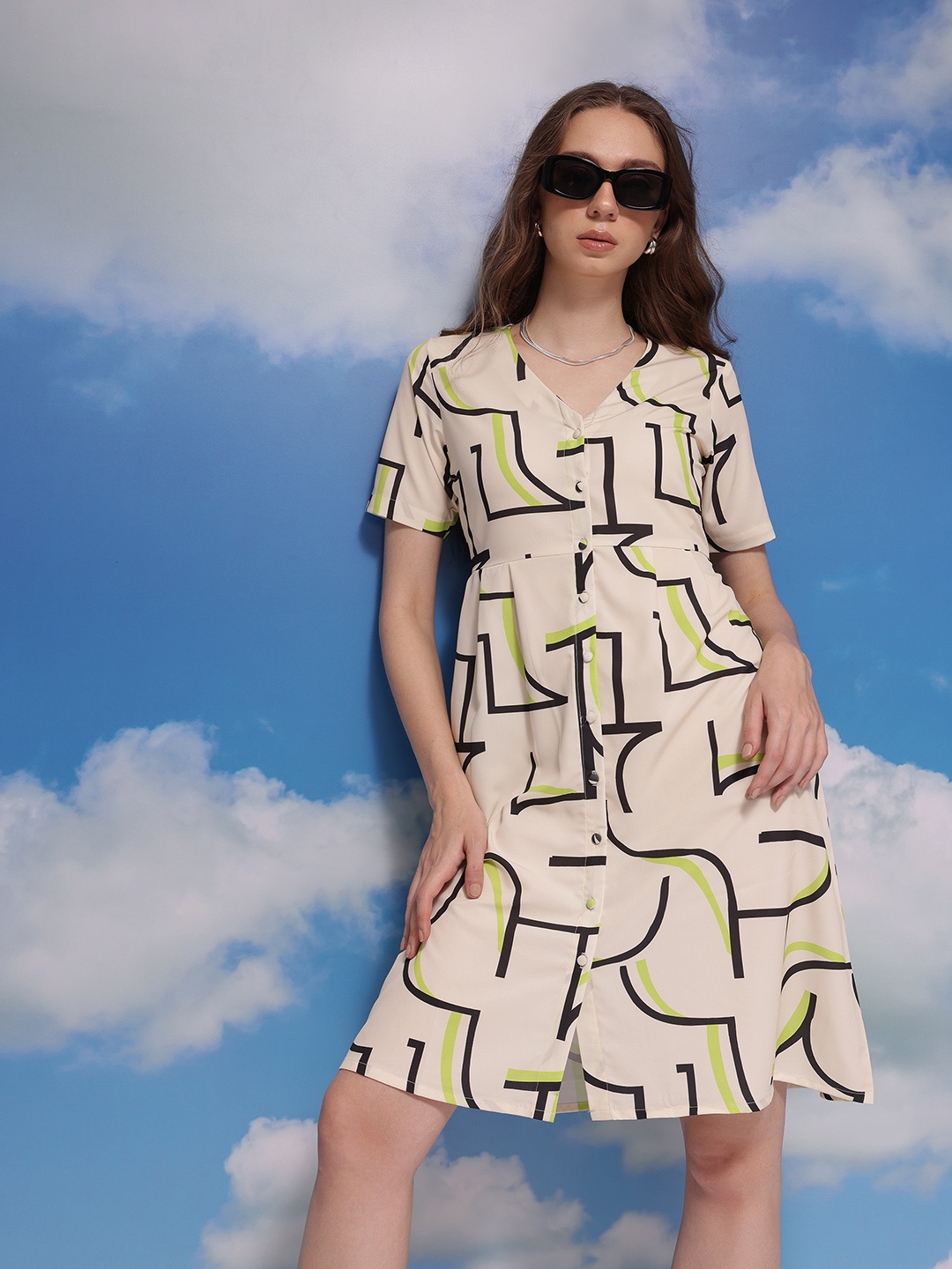 CORSICA Abstract Print Knee Length Buttoned A-Line Dress, Off white