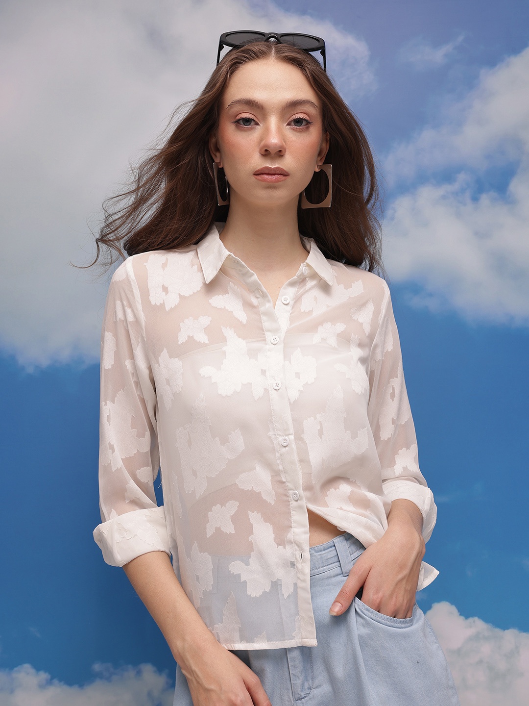 

CORSICA Women Floral Semi Sheer Casual Shirt, White