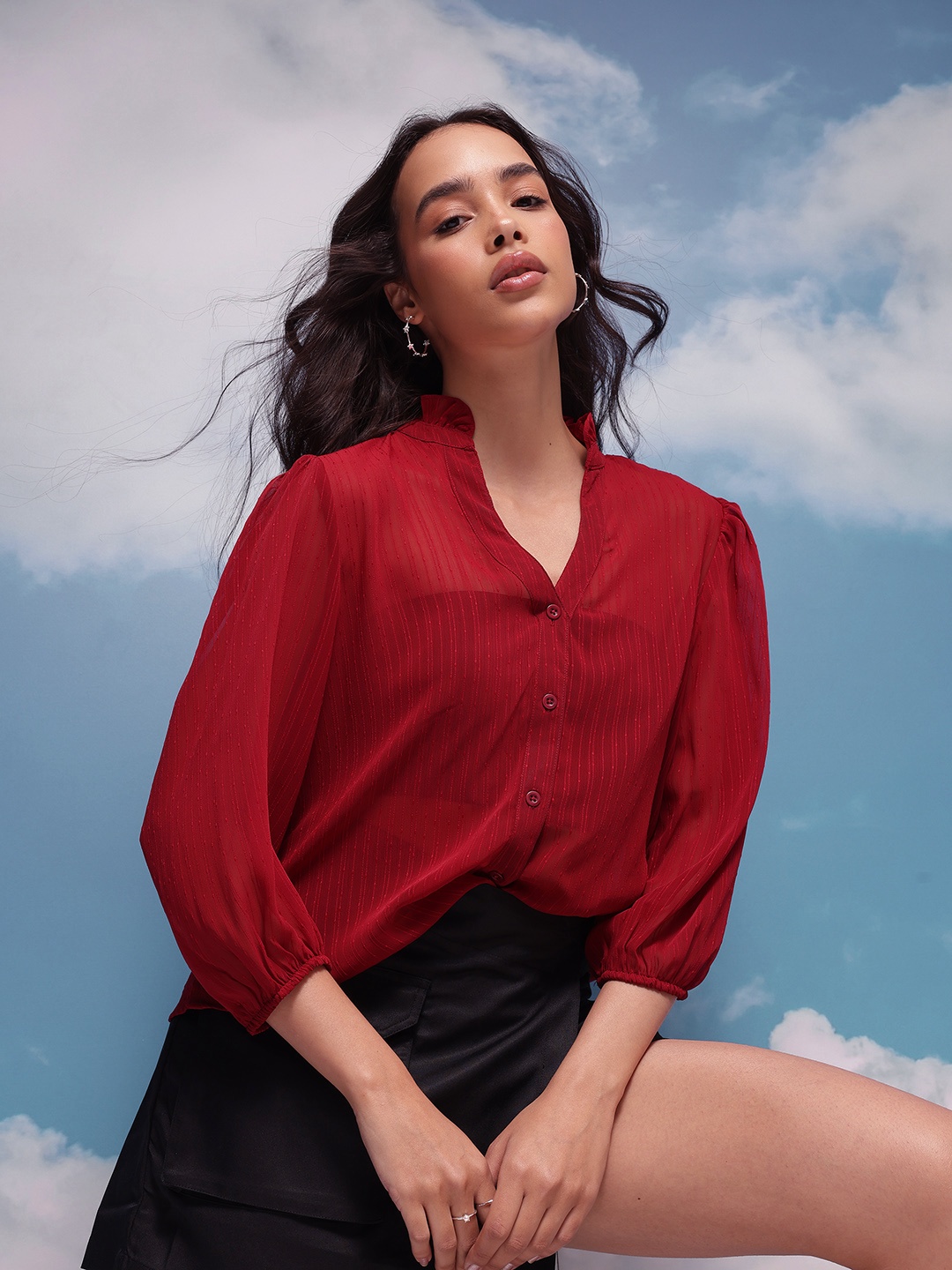

CORSICA Self Designed Mandarin Collar Puff Sleeve Top, Red