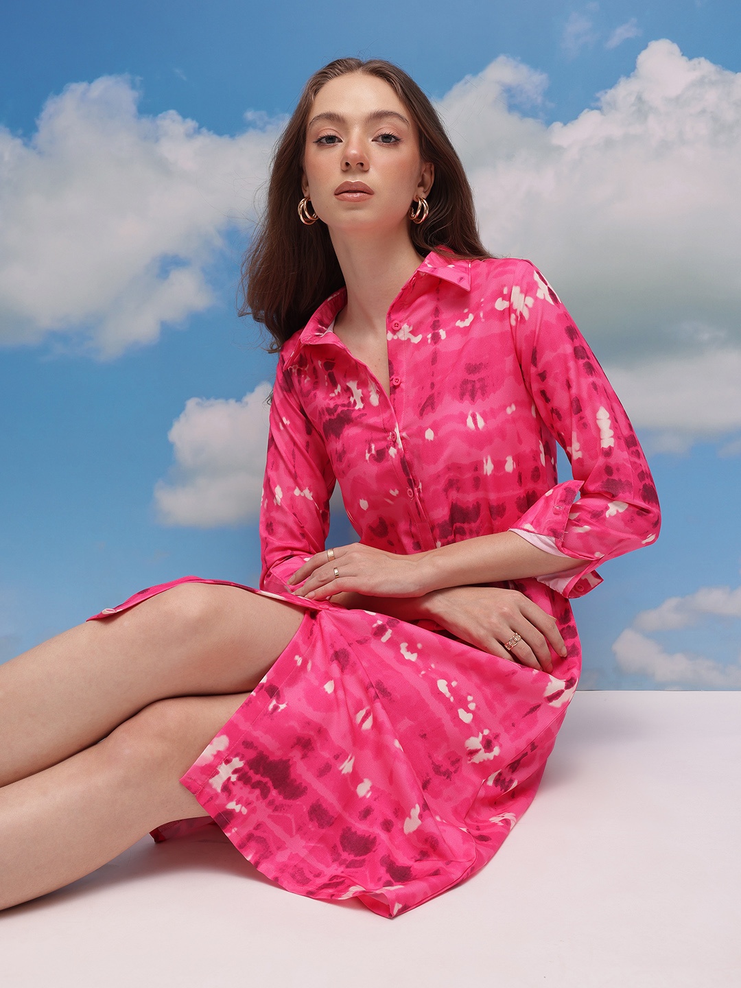 

CORSICA Abstract Printed Front Slit Shirt Style Dress, Pink