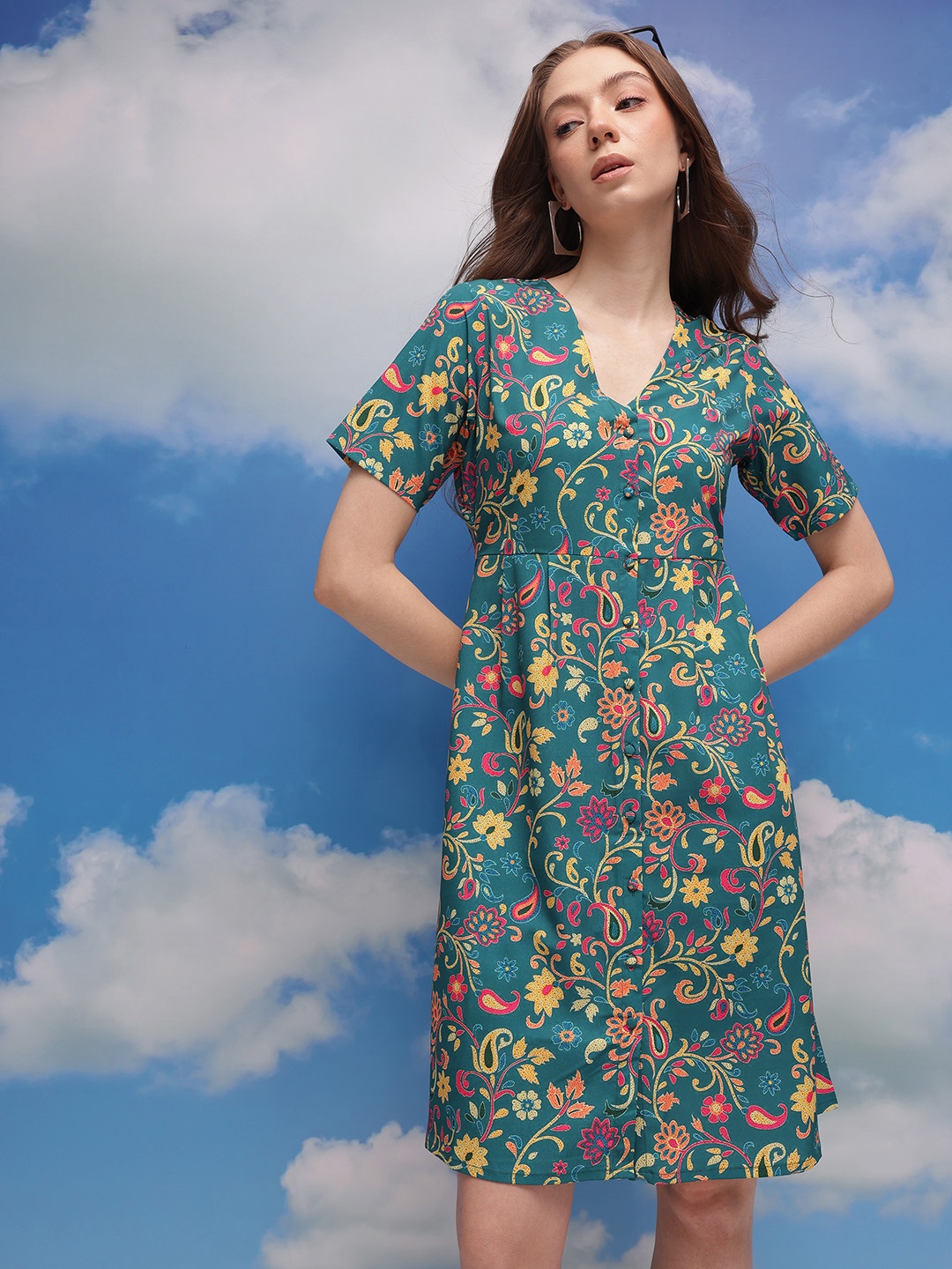 

CORSICA Floral Print A-Line Dress, Green