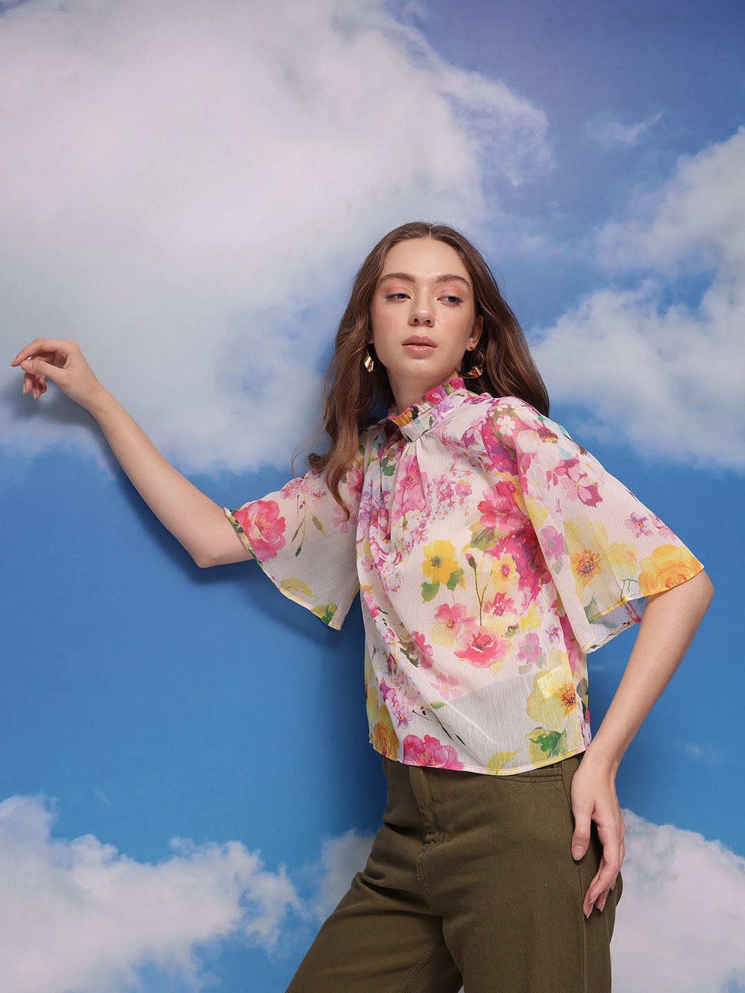 

CORSICA Floral Print Flared Sleeve Top, White