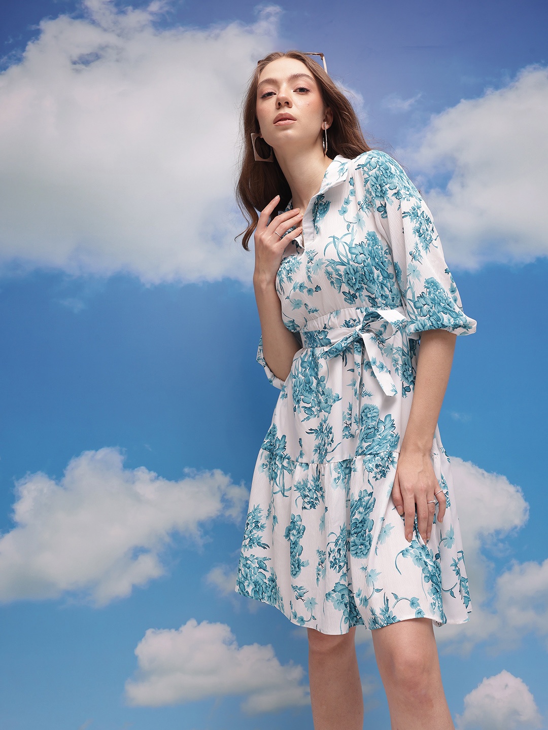 

CORSICA Floral Printed Shirt Collar A-Line Dress with Belt, White