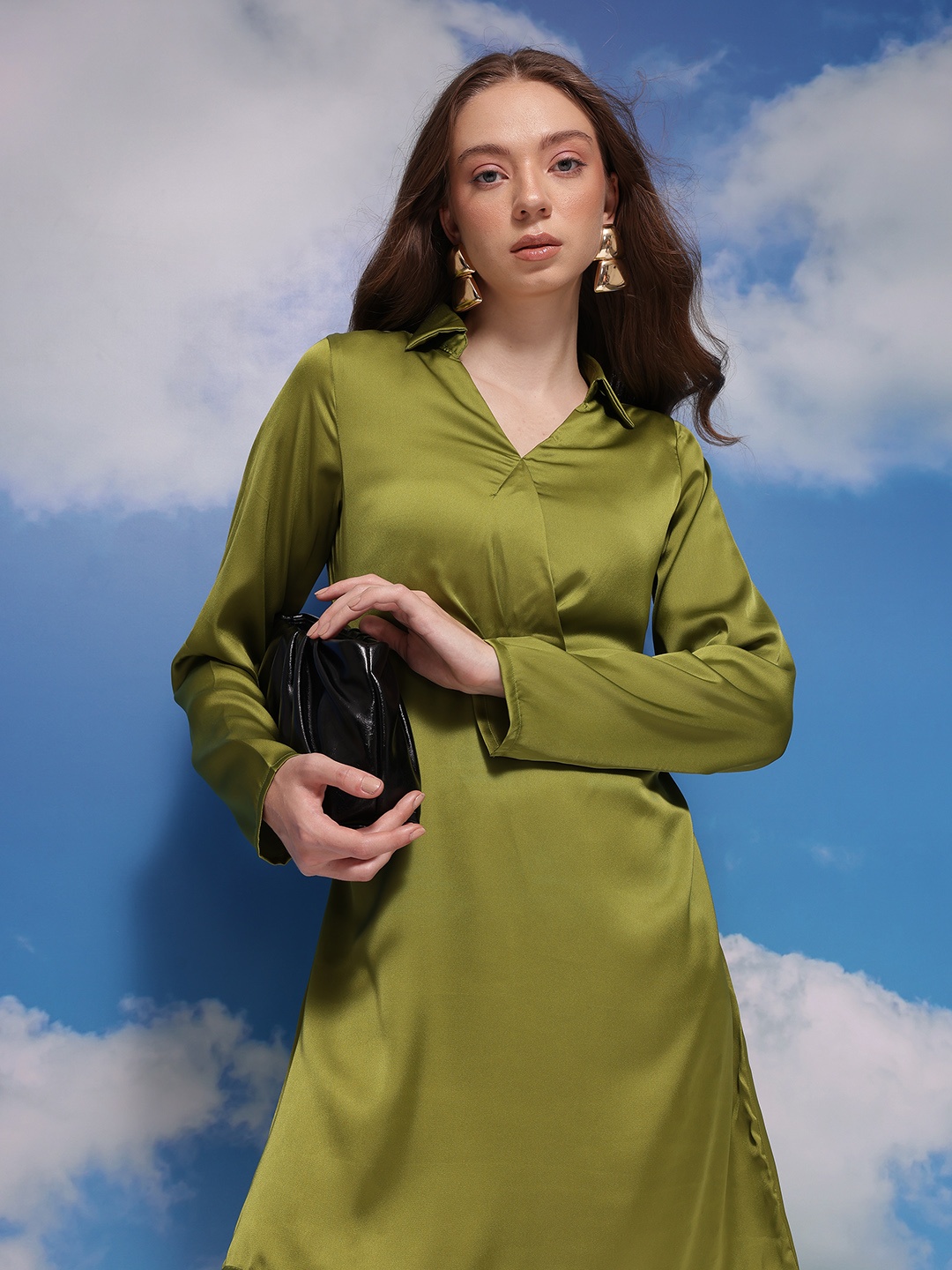 CORSICA Shirt Collar Satin Wrap-Style A-Line Dress, Green