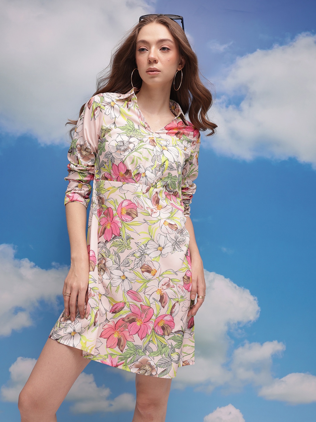

CORSICA Floral Printed Shirt Collar Pleated Detail A-Line Dress, Multi