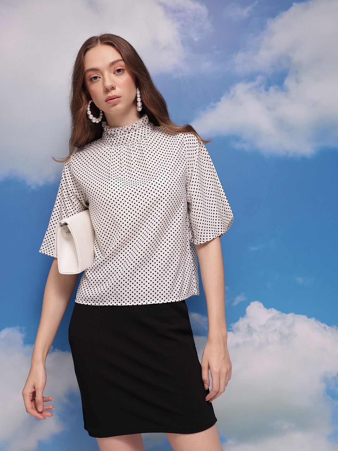 

CORSICA Polka Dot Print Mandarin Collar Flared Sleeve Top, Off white
