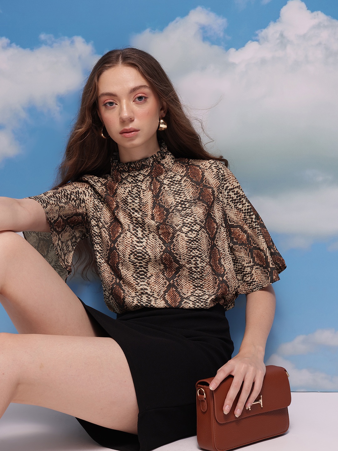

CORSICA Animal Print Mandarin Collar Flared Sleeve Top, Brown