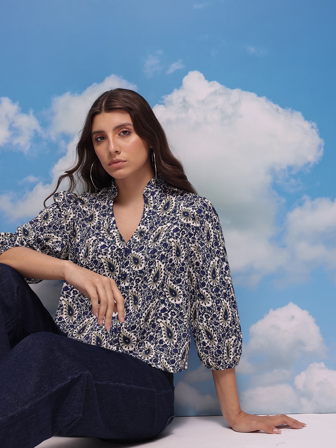 

CORSICA Printed Top, Navy blue