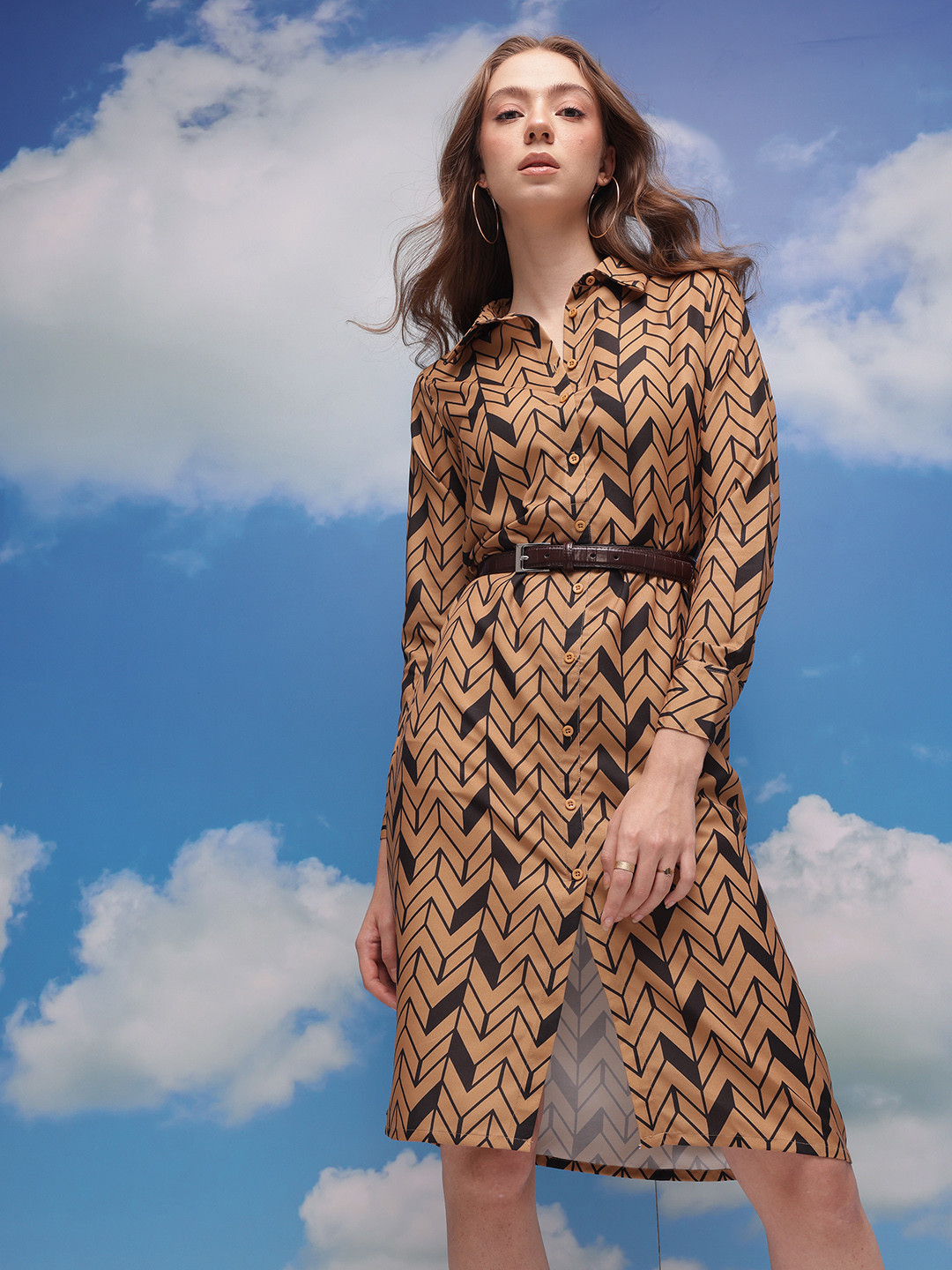 

CORSICA Geometric Printed Cuffed Sleeves Shirt Dress, Brown