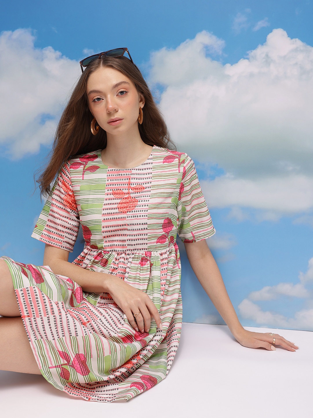 

CORSICA Floral & Geometric Print Fit & Flare Dress, White