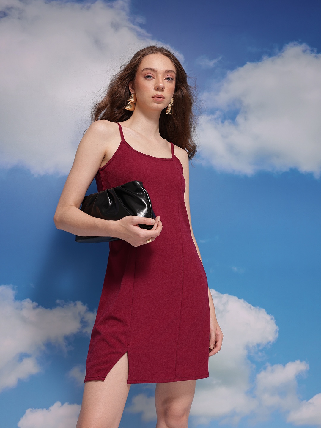 

CORSICA Shoulder Straps Mini Shift Dress with Side Slit, Red