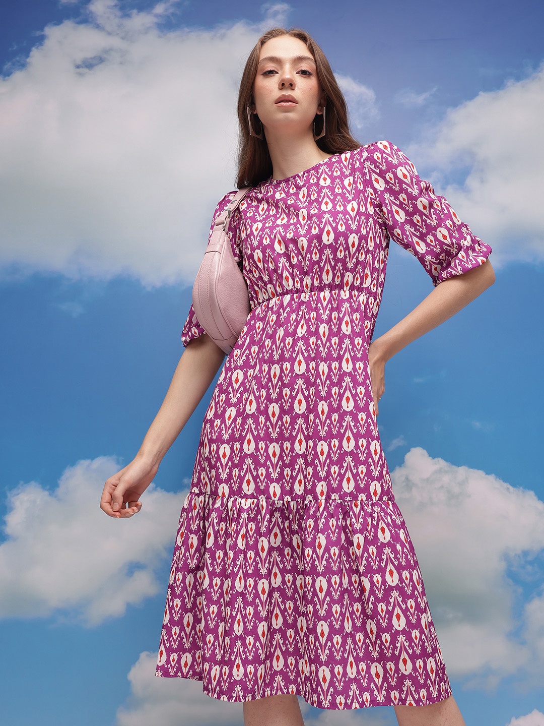 

CORSICA Printed Puff Sleeves Gathered Detailed Tiered A-Line Dress, Purple