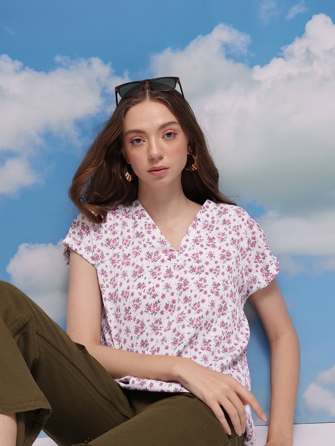 

CORSICA Floral Print Extended Sleeves Top, White