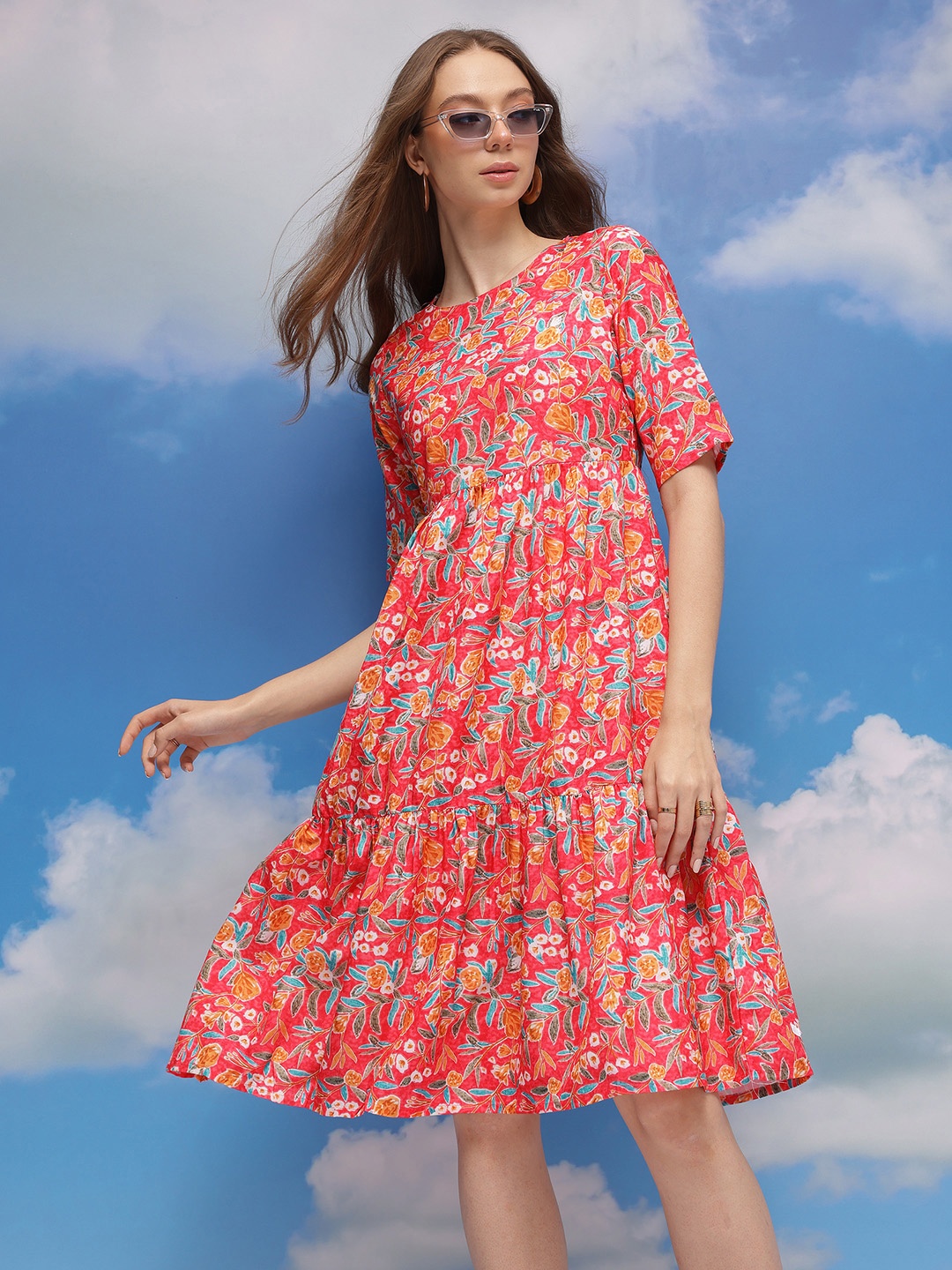 

CORSICA Floral Printed Fit & Flare Dress, Red