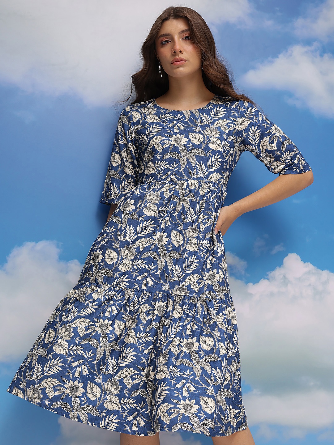 

CORSICA Floral Printed Fit & Flare Dress, Blue