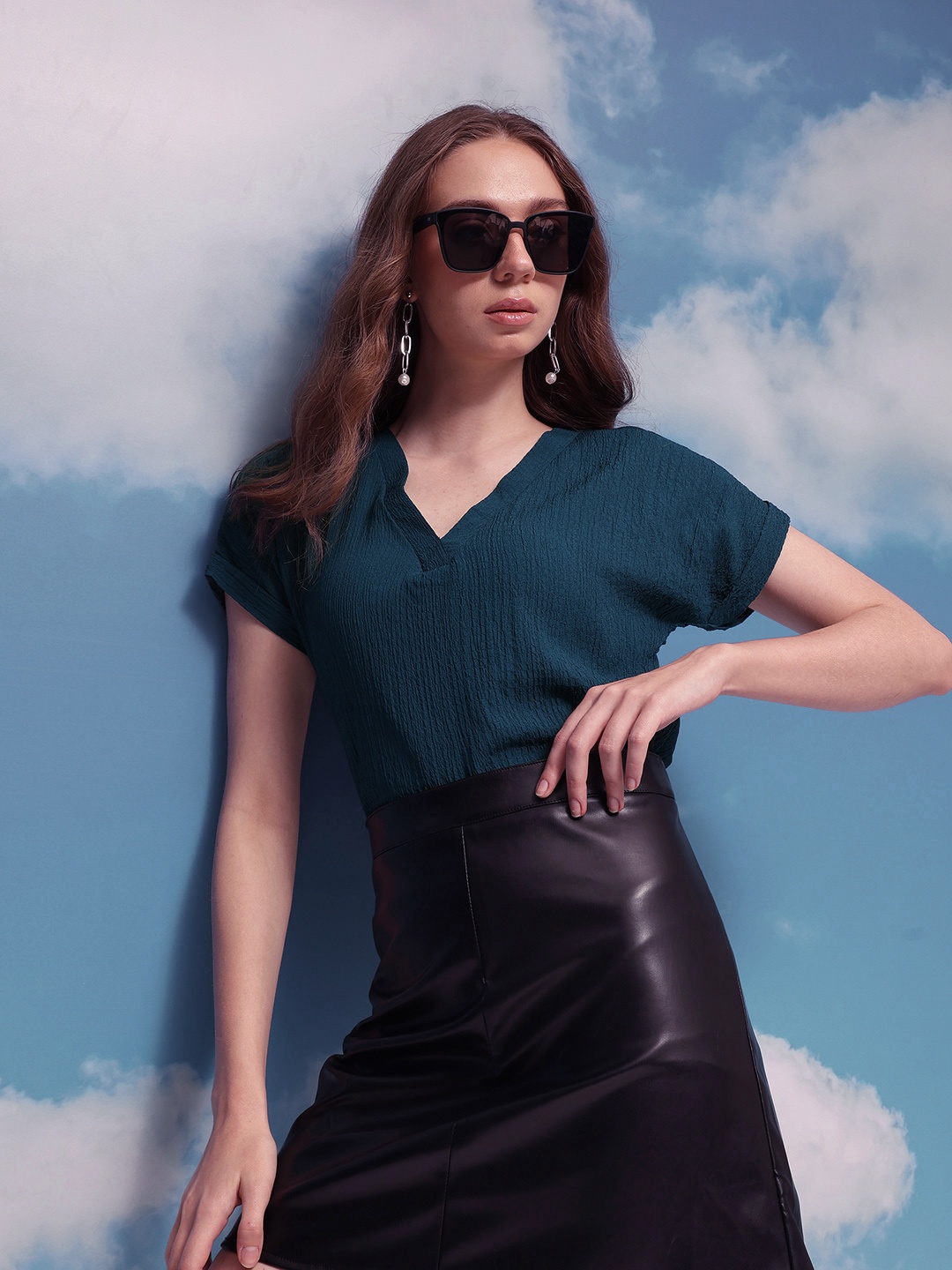 

CORSICA Extended Sleeves Seersucker Top, Teal