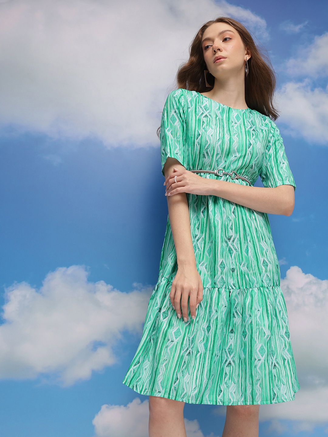 

CORSICA Printed Fit & Flare Dress, Green