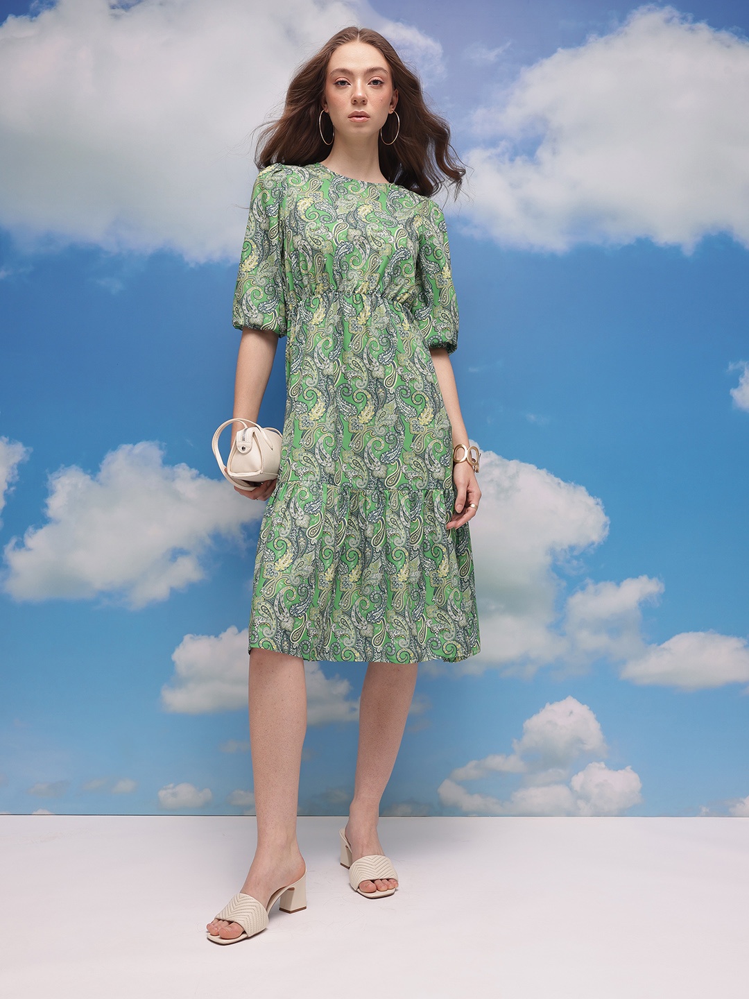 

CORSICA Paisley Printed Puff Sleeves Gathered Detailed Tiered A-Line Dress, Green