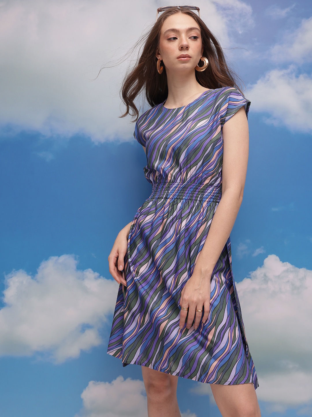 

CORSICA Printed Extended Sleeves Smocked A-Line Dress, Purple
