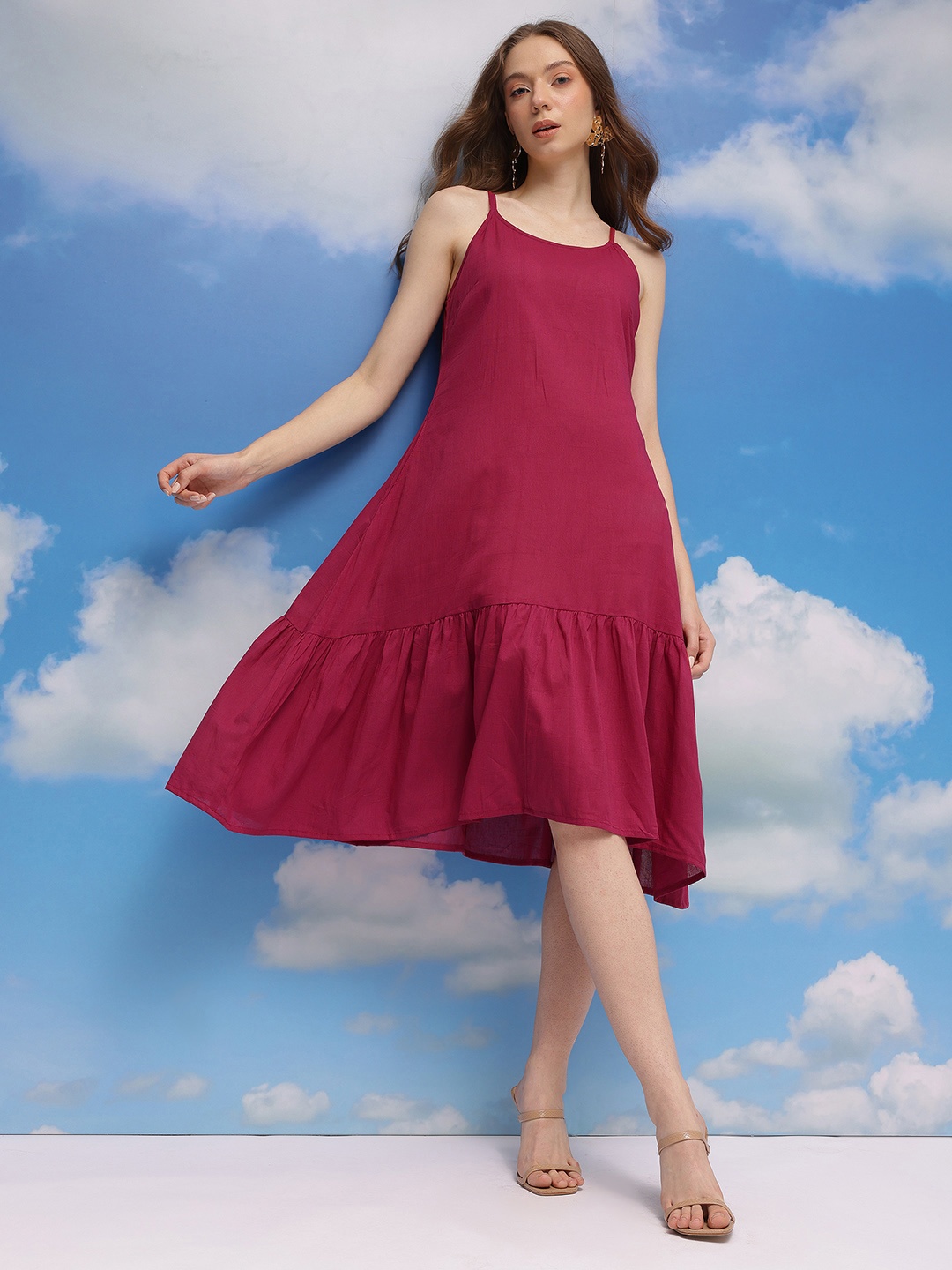 

CORSICA Solid Peplum Cotton Dress, Magenta