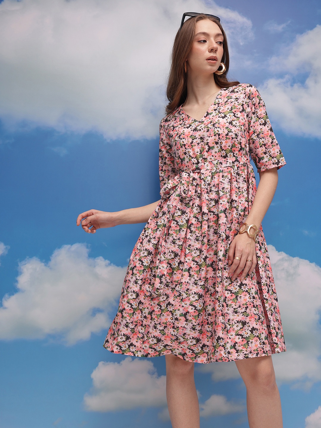 CORSICA Floral Print Fit & Flare Dress With Tie-ups belt, Peach
