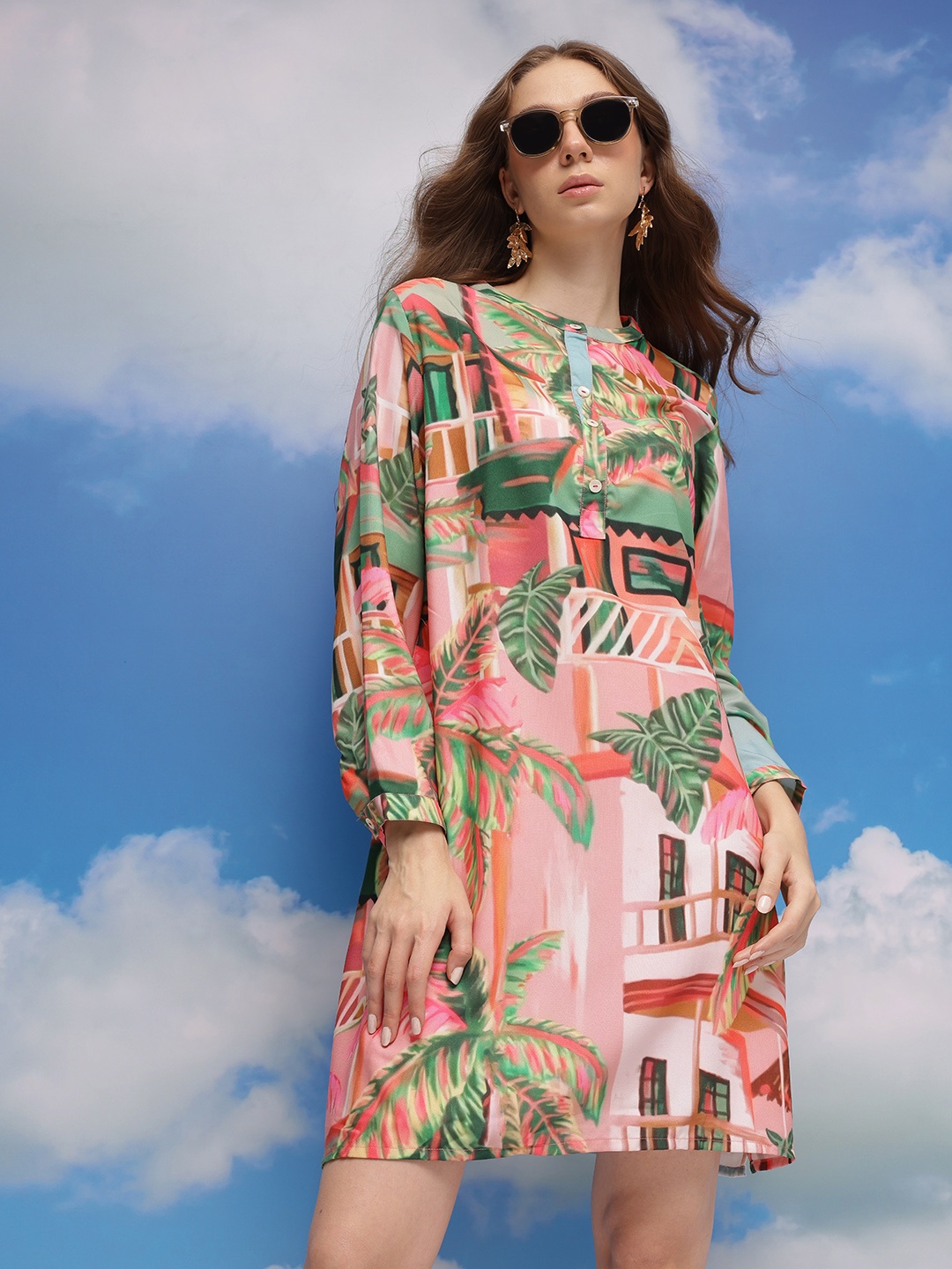 

CORSICA Tropical Print Mandarin Collar Puff Sleeves A-Line Dress, Pink