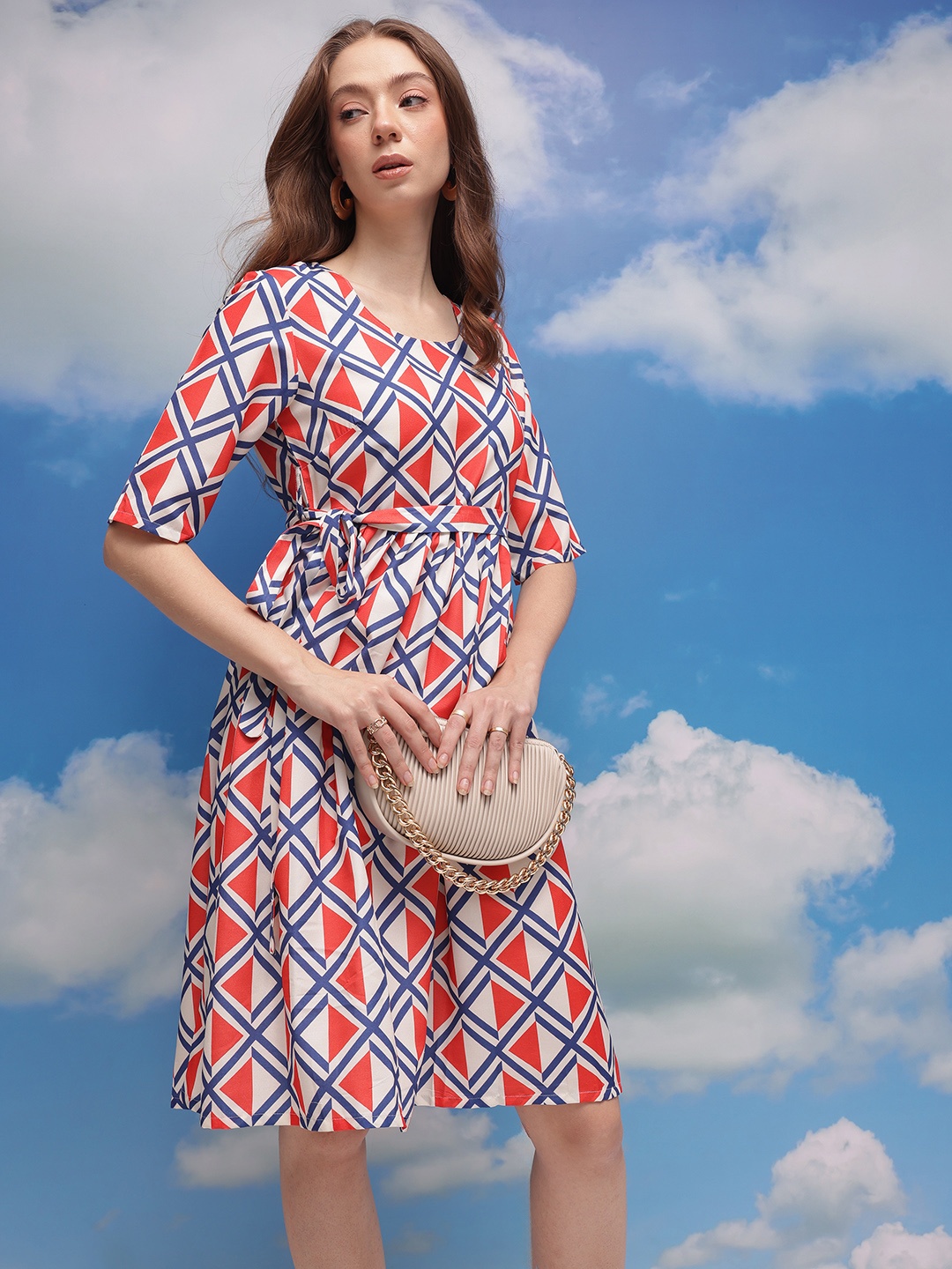 

CORSICA Printed Fit & Flare Dress With Tie-ups belt, White