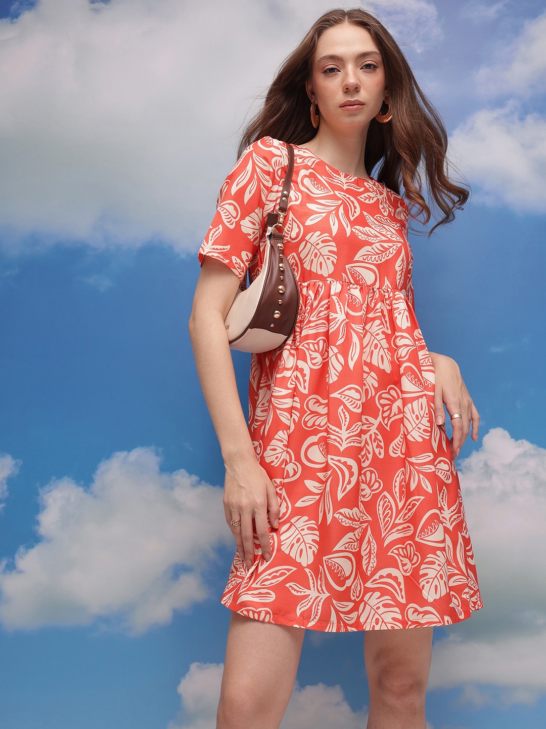 

CORSICA Printed Gathered or Pleated A-Line Dress, Orange